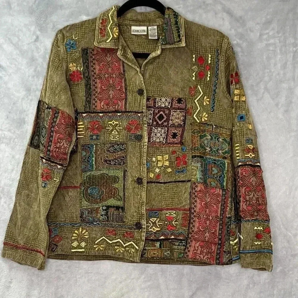 Chico's VTG Sz S Jacket Dark Olive Boho Southwestern Floral Embroidered Artsy‎ - Picture 4 of 16